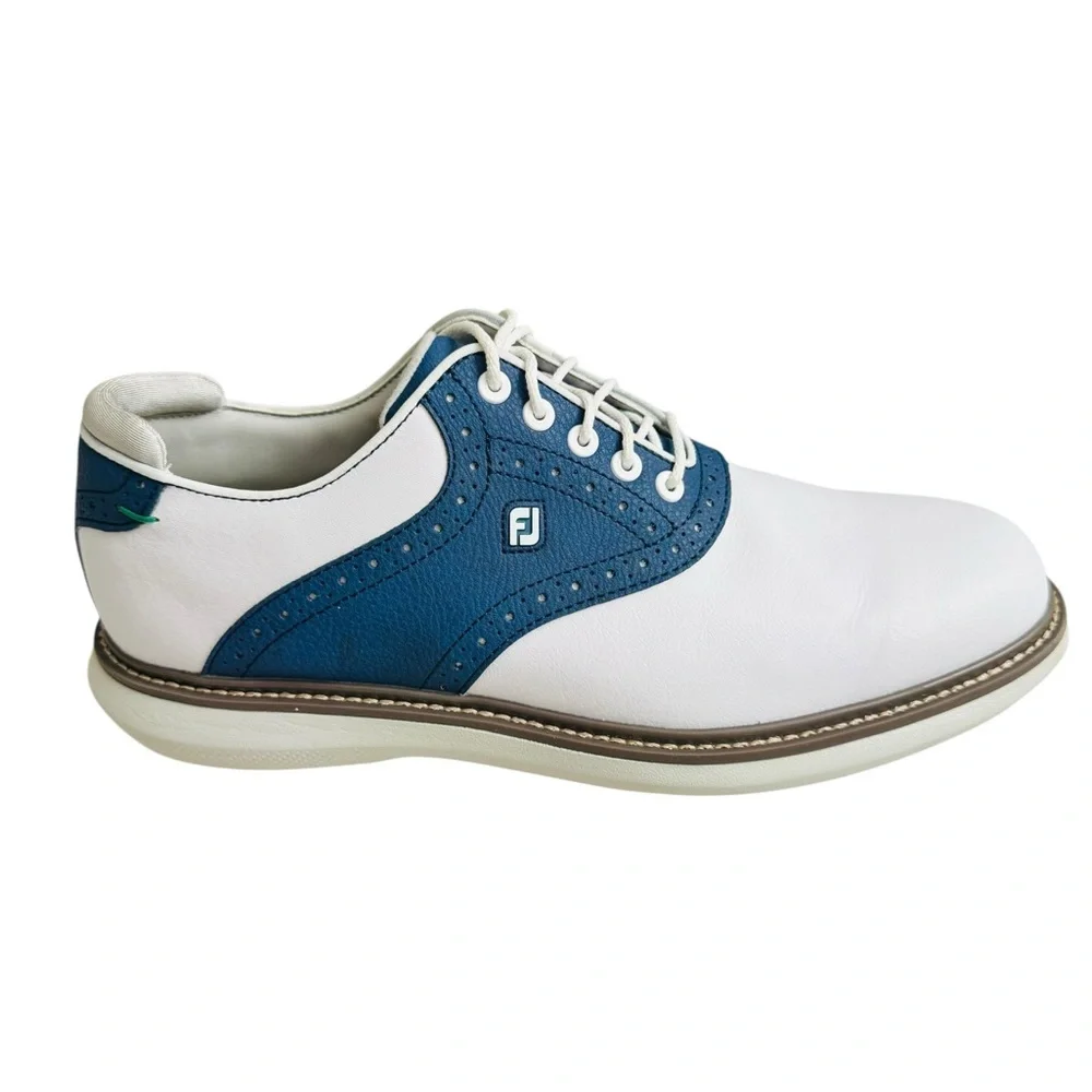 FootJoy FJ Men Golf Shoes White Blue Saddle Spikeless Cleated Size 8.5 M